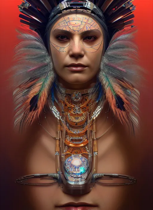 Image similar to portrait of a cyberpunk machine, machine face, upper half portrait, decorated with feathers, native american, fine china, traditional chinese art, intricate, elegant, highly detailed, headpiece, digital painting, artstation, concept art, smooth, sharp focus, illustration, art by artgerm and greg rutkowski and alphonse mucha, 8 k