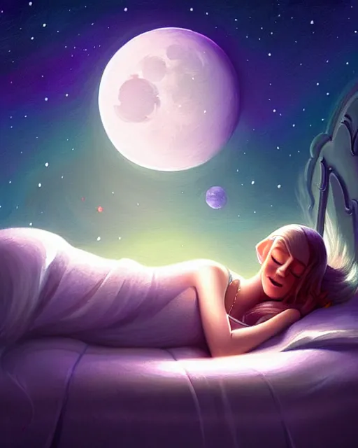 Prompt: beautiful painting of a elven sleeping on her bed with a smiling moon over her, space art, sense of awe, art by mike winkelmann, ross tran, sky night, illustration, highly detailed, simple, smooth and clean vector curves, no jagged lines, vector art, smooth, artstation