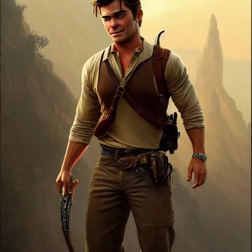 Image similar to A combination of Zac Efron's and Orlando Bloom's and Chris Pine's faces as Nathan Drake, western, D&D, fantasy, intricate, elegant, highly detailed, digital painting, artstation, concept art, matte, sharp focus, illustration, art by Artgerm and Greg Rutkowski and Alphonse Mucha