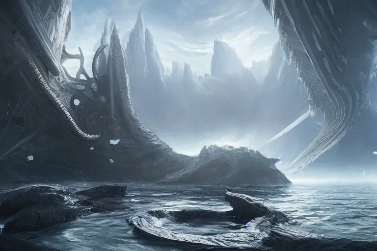Image similar to Scylla and Charybdis, by Jessica Rossier and HR Giger cinematic concept painting