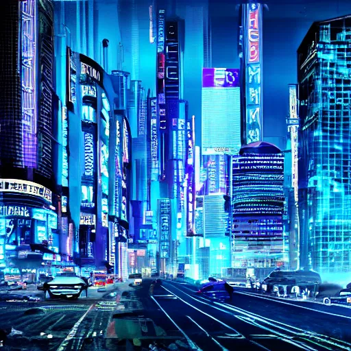 Image similar to a cyberpunk city, exceedingly blue, very very blue, seedy, busy, traffic