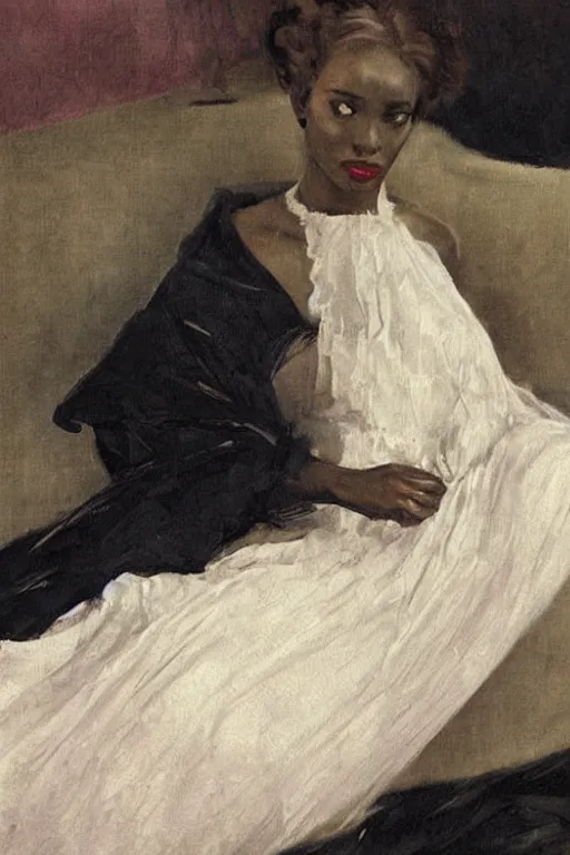 Image similar to black woman in a gown laying on couch, bloom flowers, modern, eclectic, illustration, by ramon casas