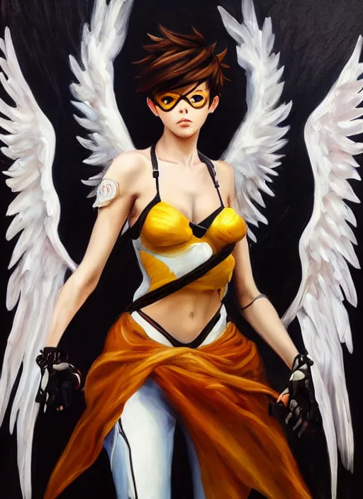 Prompt: full body oil painting of tracer overwatch in the style of sophie anderson, angel wings, white dress, dramatic painting, wearing black collar, symmetrical composition, ornate, high detail, gold, blooming, lights, flowers,