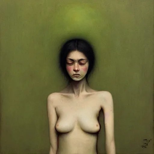 Prompt: portrait of young female in green bra with pale white skin and short black hairs, full body, painting by Beksinski