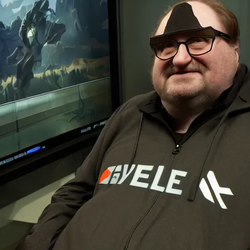 Image similar to Gabe Newell at E3 teasing Half Life-3, eal life, hyperrealistic, ultra realistic, realistic, highly detailed, epic, HD quality, 8k resolution, dramatic, dramatic lighting, dramatic angle