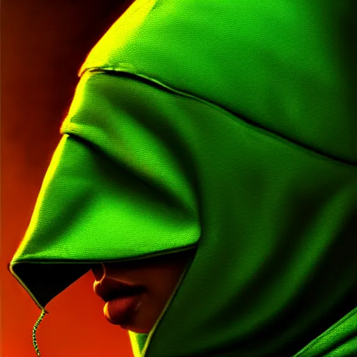 Image similar to portrait of a beautiful programmer with green hood by greg rutkowski, 4 k, close up