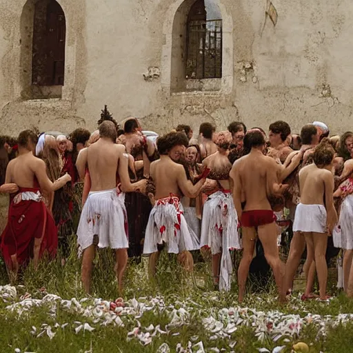 Prompt: Puglia, Italy midsommar satanic ritual, spiritual, movie still, photograph, realistic, hyper detailed