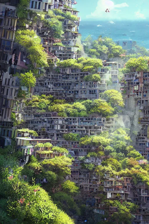 Prompt: an awesome sunny day environment concept art on a cliff, architecture by kengo kuma, makoto shinkai and wes anderson with village, residential area, mixed development, highrise made up staircases, balconies, full of glass facades, cgsociety, fantastic realism,, artstation hq