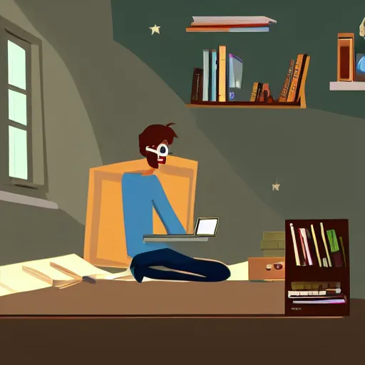 Image similar to a skinny computer nerd guy sitting on the floor of his room, crossed legs, laptop, smartphone, video games, tv, books, potions, jars, shelves, knick knacks, tranquil, star charts, calm, sparkles in the air, magic aesthetic, fantasy aesthetic, faded effect, by dreamworks animation studio