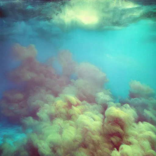 Image similar to film photography of a sprawling wooden space station amongst colourful underwater clouds by Kim Keever, low shutter speed, 35mm