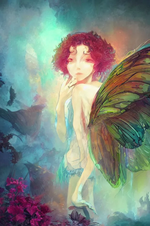 Prompt: wonderdream silvio berlusconi faerie feather wing digital art painting fantasy bloom vibrant keane glen and apterus sabbas and guay rebecca and demizu posuka illustration character design concept colorful joy atmospheric lighting butterfly