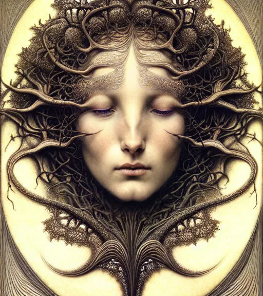 Image similar to detailed realistic beautiful night goddess face portrait by jean delville, gustave dore, iris van herpen and marco mazzoni, art forms of nature by ernst haeckel, art nouveau, symbolist, visionary, gothic, neo - gothic, pre - raphaelite, fractal lace, intricate alien botanicals, ai biodiversity, surreality, hyperdetailed ultrasharp octane render