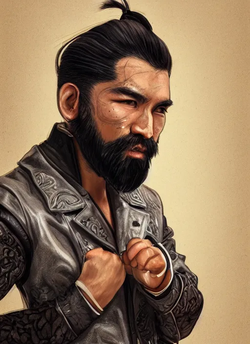 Image similar to a highly detailed illustration of bearded asian man wearing leather jacket with bandaged right hand, focused boxing philly shell stance pose, hands shielding face, intricate, elegant, highly detailed, centered, digital painting, artstation, concept art, smooth, sharp focus, league of legends concept art, WLOP