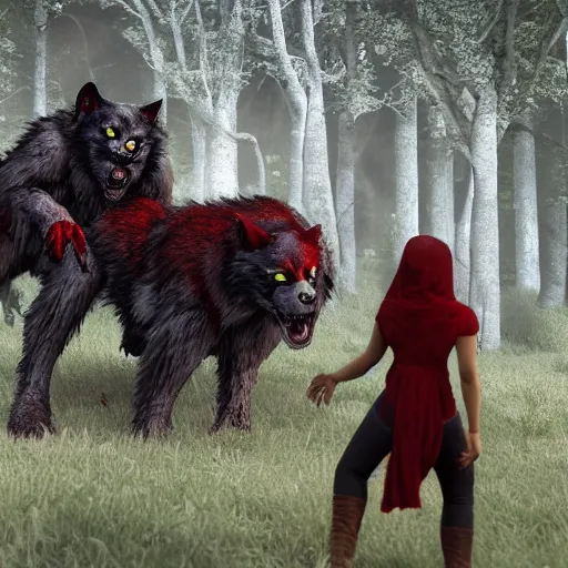 Image similar to werewolf and red riding hood staring at the zombies, 3d scene, render, ultra realistic, zenith view, Frank Frazetta, Richard Corben, artstation, cgsociety, level design, unreal engine, 3d scene, render, ultra realistic