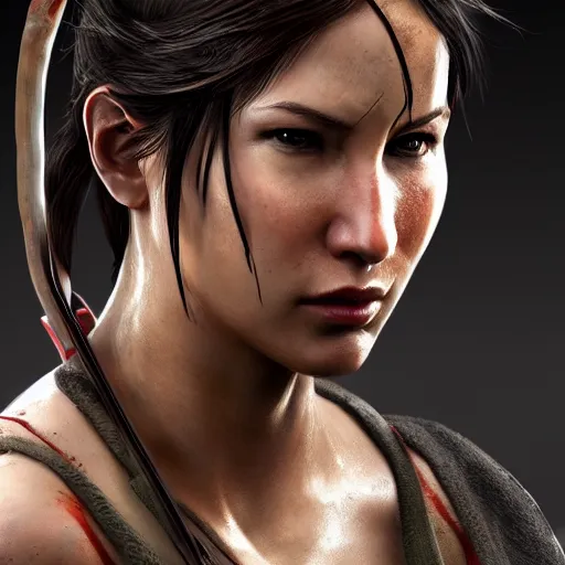 Prompt: lara croft as samurai, wet face, heavy rain, dramatic, intricate, highly detailed, concept art, smooth, sharp focus, illustration, unreal engine 5, 8 k