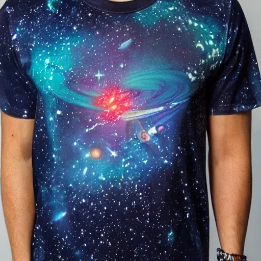 Image similar to photo of a t - shirt with a cool galactic print on the chest in the style of maximalism, product photo