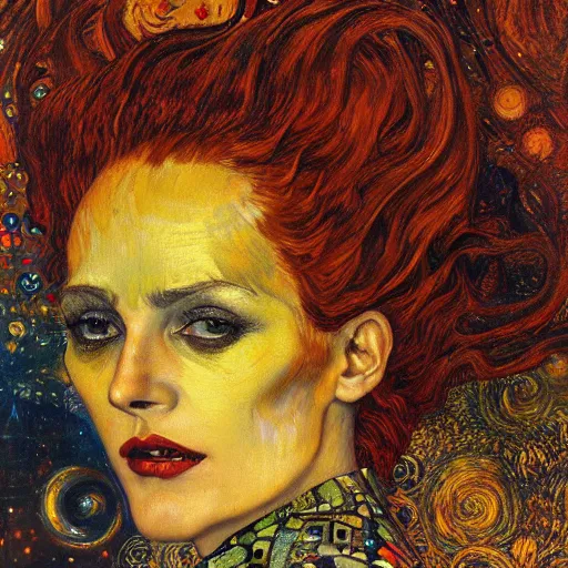 Image similar to Visions of Hell by Karol Bak, Jean Deville, Gustav Klimt, and Vincent Van Gogh, nightmare portrait, infernal, visionary, otherworldly, fractal structures, ornate gilded medieval icon, third eye, hellfire, spirals