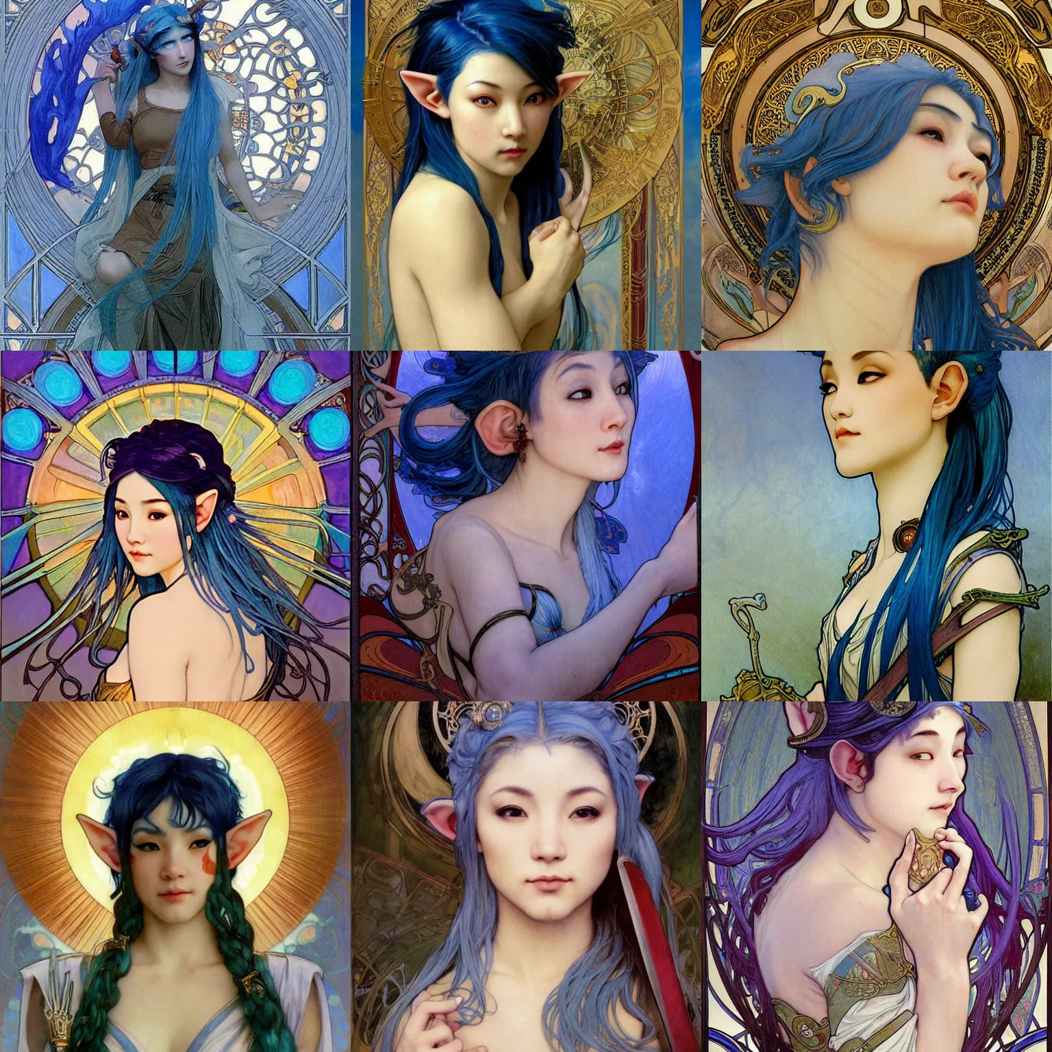 Prompt: stunning, breathtaking, awe-inspiring award-winning concept art nouveau painting of attractive Asian elf with blue hair and elf ears, as the goddess of the sun, with anxious, piercing eyes, by Alphonse Mucha, Michael Whelan, William Adolphe Bouguereau, John Williams Waterhouse, and Donato Giancola, cyberpunk, extremely moody lighting, glowing light and shadow, atmospheric, cinematic, 8K