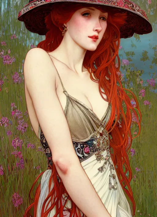 Prompt: a highly detailed illustration of tall beautiful red haired lady wearing black spaghetti strap dress and sun hat, elegant pose, perfect face, perfect body, perfect eyes, by alphonse mucha, intricate, elegant, highly detailed, centered, digital painting, artstation, concept art, smooth, sharp focus, league of legends concept art, wlop.