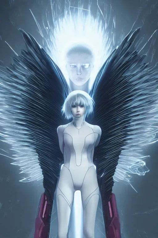 Image similar to white arc-angel with mystic robotic wings, akira, ghost in the shell, 2077, ultra detailed, digital art, 8k ,character ,realistic, portrait, hyperrealistic