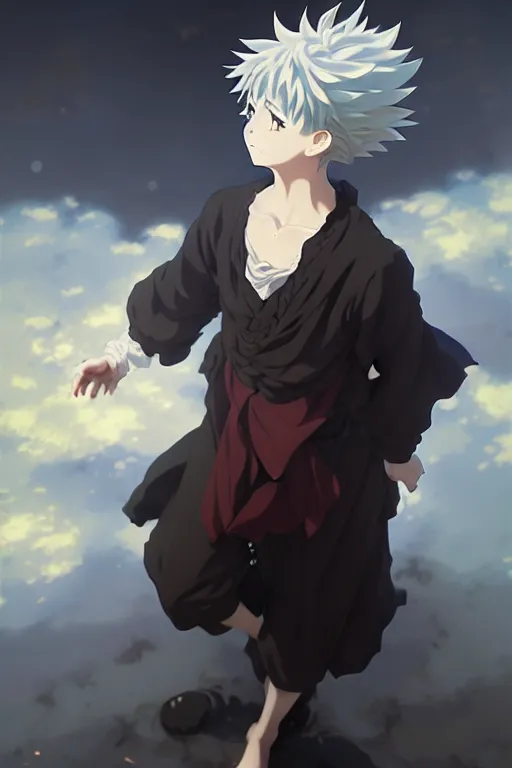 Image similar to baroque oil painting full body portrait character concept art, anime key visual of killua zoldyck studio lit directed gaze, trending on pixiv fanbox, painted by greg rutkowski makoto shinkai takashi takeuchi studio ghibli