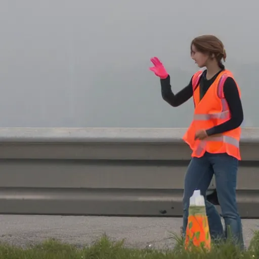 Prompt: emma watson in a hi vis vest picking up trash on the side of the interstate. 2 0 0 mm zoom, humidity haze, midday sun,