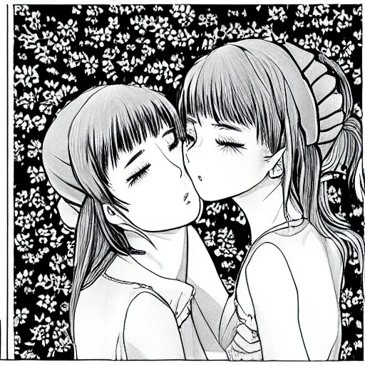 Image similar to portrait of two girls kissing, detailed manga art