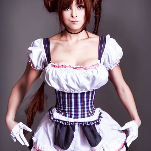 Image similar to gorgeous female french maid with maid outfit, symmetrical composition, ultra detailed, de - noise, 8 k,