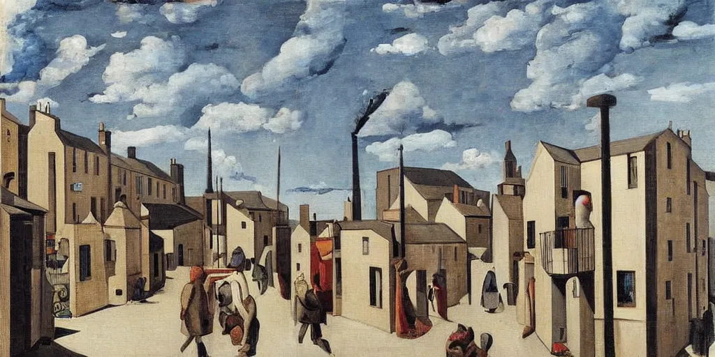 Image similar to a painting of street life in kirkwall, orkney, people,houses, by Giorgio de Chirico