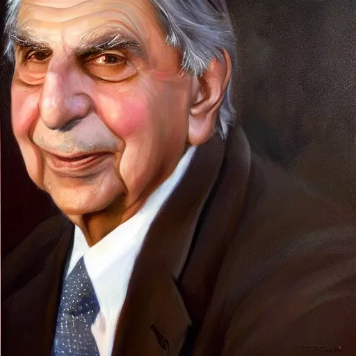 Prompt: a portrait of Ratan Tata by Mark Arian, oil on canvas, masterpiece, realism, piercing gaze, autumn bokeh