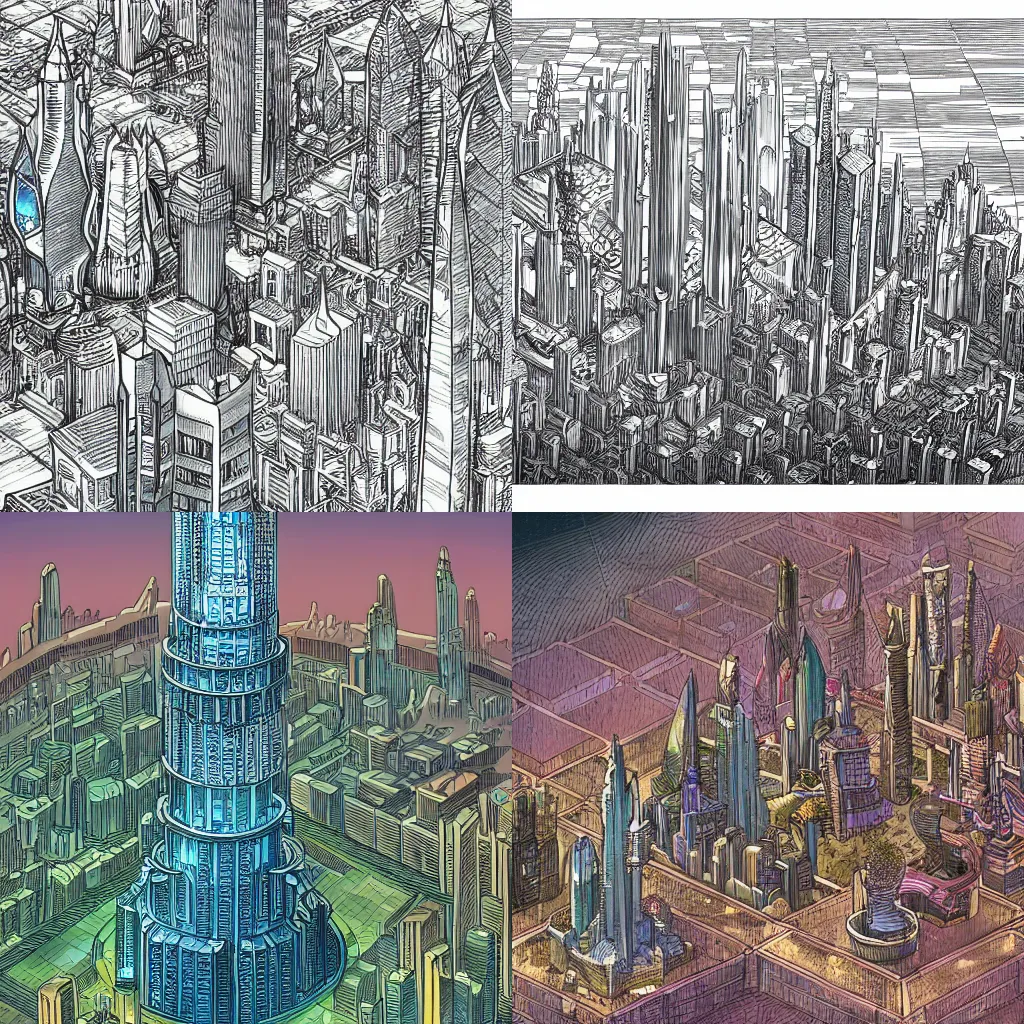 Prompt: a detailed illustration of a sprawling fantasy City with crystal tower in the middle in the style of moebius