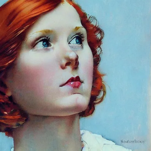 Image similar to a redhead girl thinking, portrait, centered, artwork by Norman Rockwell, cinematic view, high quality