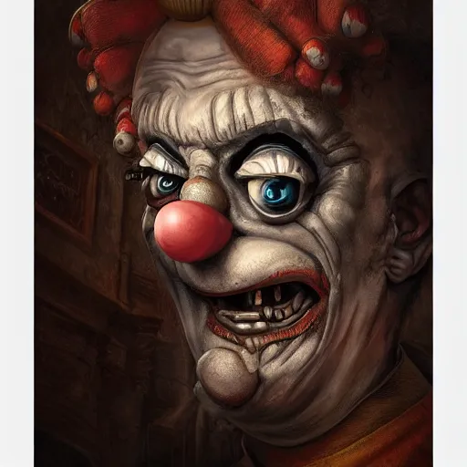 Prompt: michal karcz cartoon painting of a clown. , horror theme, detailed, elegant, intricate, 4k,