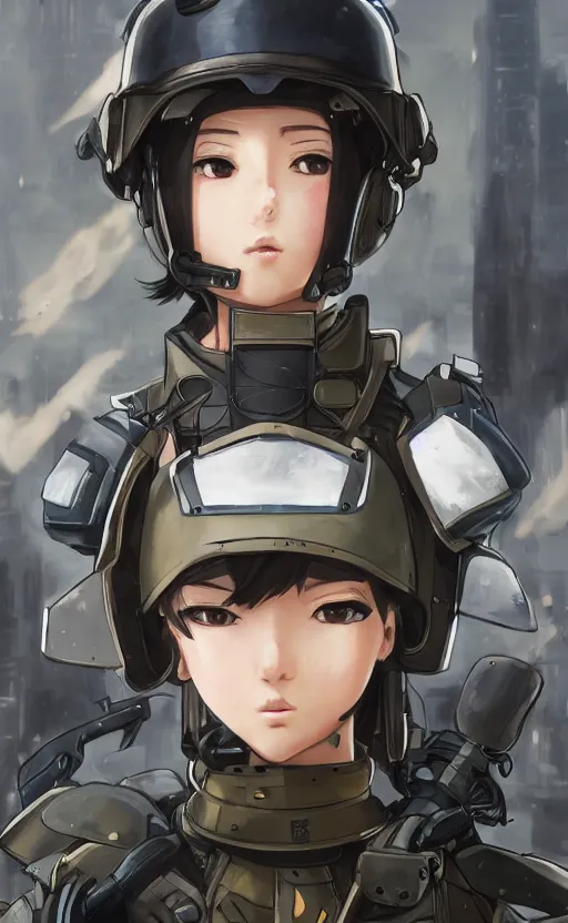 Prompt: front portrait of mechanized soldier girl, anime style, urban in background, soldier clothing, combat helmet, short hair, hair down, symmetrical facial features, from arknights, hyper realistic, 4 k, rule of thirds, extreme detail, detailed drawing, trending artstation, hd, d & d, realistic lighting, by alphonse mucha, greg rutkowski