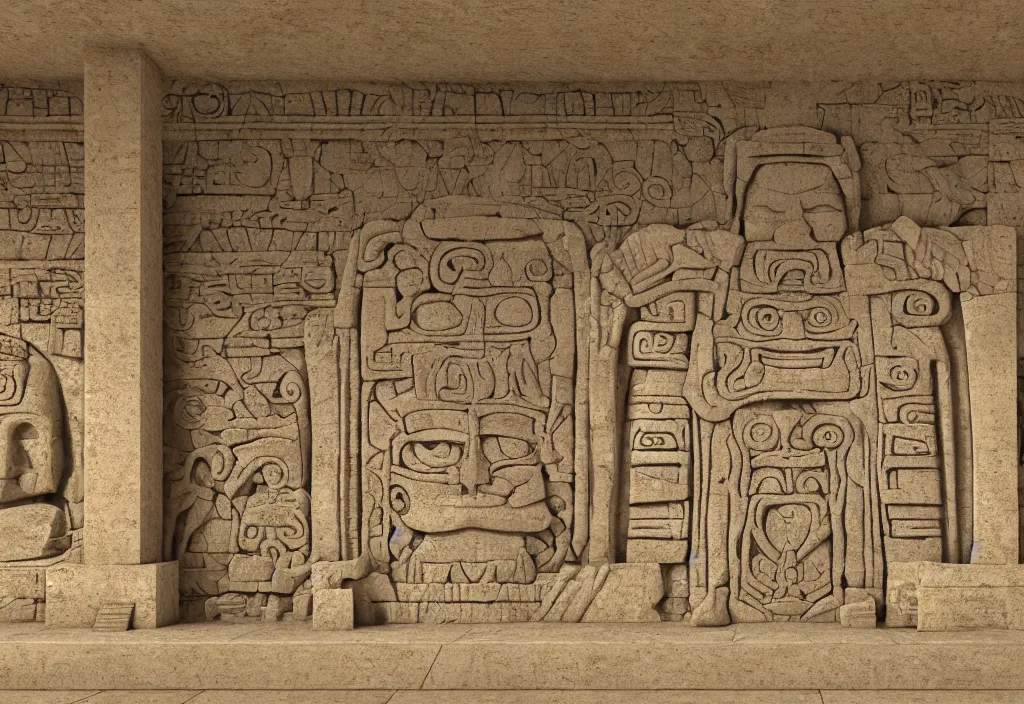 Image similar to a mayan temple interior with symmetric recogniseable giant face portrait of a mayan god-emperor in the center Carved in stone relief style behind an ancient altair of sacrafice. 3d render. Realistic. Well Detailed. Torch light. Omnious, intricate.