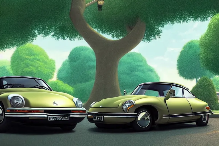 Image similar to a wholesome animation key shot of!! one!! focused! 1 9 7 4 citroen ds! in a tree lined paris street, medium shot, studio ghibli, ( pixar ) and disney animation, sharp, very detailed, high resolution, rendered in unreal engine 5, anime key art by greg rutkowski, bloom, dramatic lighting