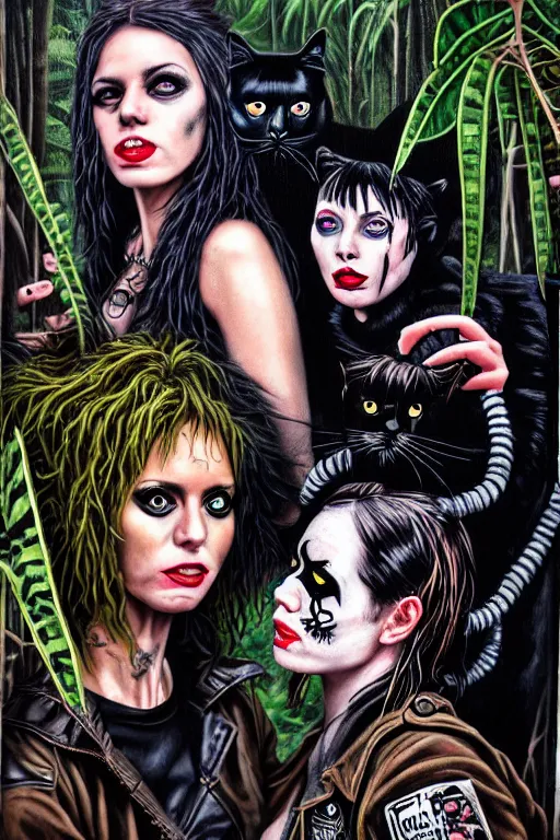 Prompt: punk rock girls kissing and making selfie with black cats in jungle , 1980 style, mad max jacket, post apocalyptic, Cyberpunk, renaissance, Gothic, mystic, highly detailed, 4k, fog, oil painting on canvas, Kubrick movie, hyper realistic style, fantasy by Olga Fedorova