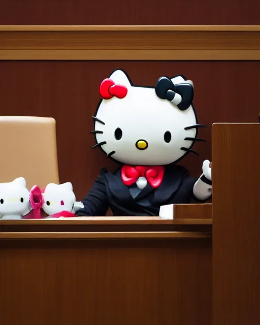 Image similar to Angry Hello Kitty, in a courtroom