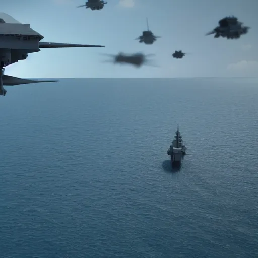Image similar to promotional movie still, high - angle view, a usa aircraft carrier in the ocean. in the distance a star wars tie fighter comes in for a landing. 3 d, digital art, octane 3 d render, ue 5, realism, cinematic, imax 7 0 mm.