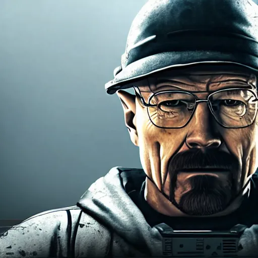 Image similar to walter white holding a machine gun in rainbow six siege, 4 k, highly detailed