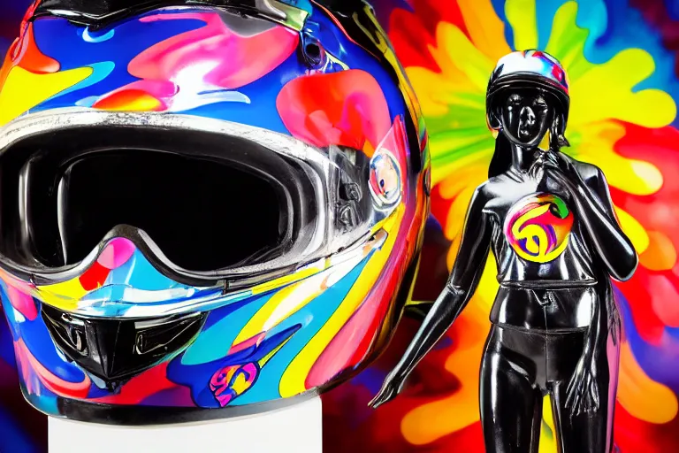 Image similar to photo of a glossy black marble statue of a girl with colorful motocross logos and motorcycle helmet with reflective mirrored visor, colorful smoke in the background, carved marble statue, fine art, in the style of takashi murakami,