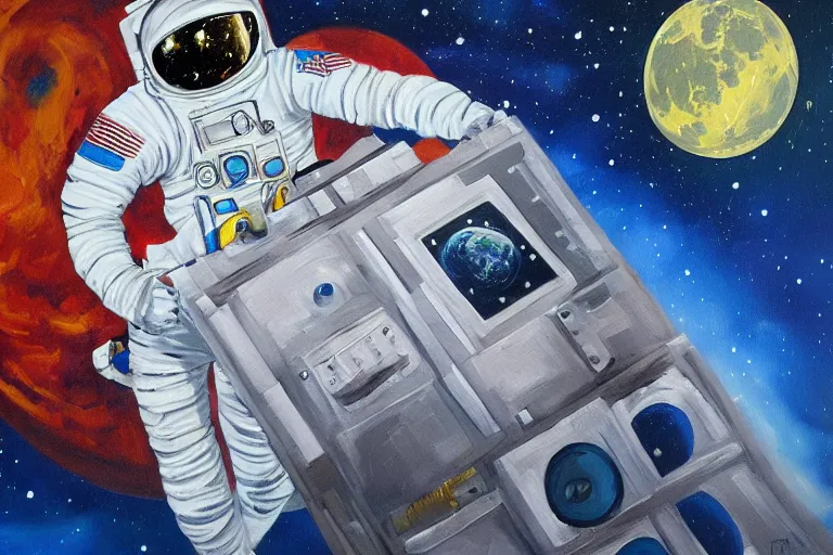 Image similar to A painting of an astronaut laying on the moon, in the style of Flooko, acrylic art, detailed,