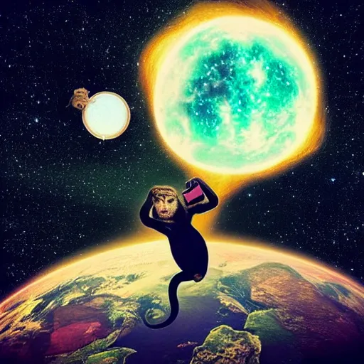 Prompt: “ monkey in space, exploding earth in the background ”