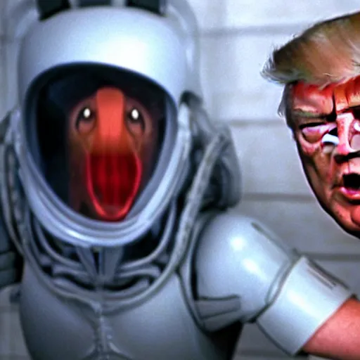 Image similar to film still of Donald Trump being held against a wall by a predator in the movie Alien.