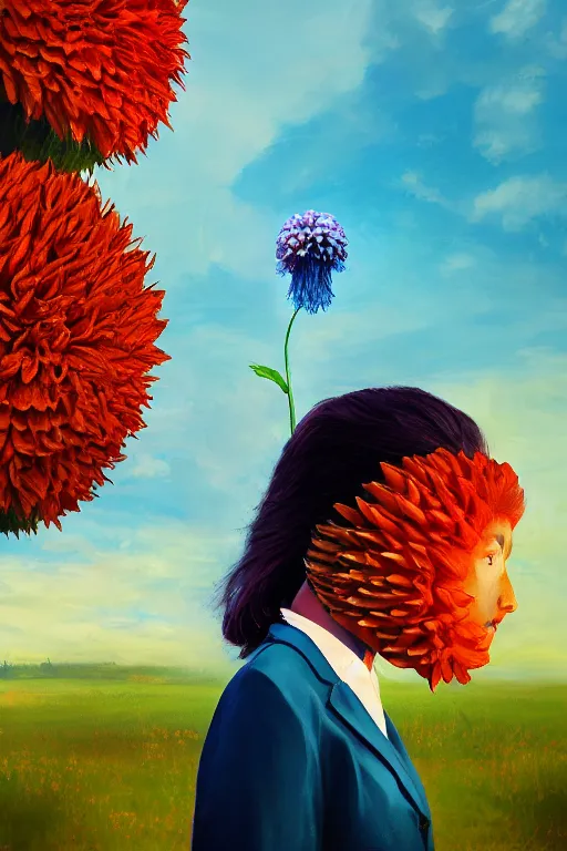 Image similar to closeup giant dahlia flower head, girl in a suit, street, surreal photography, blue sky, sunrise, dramatic light, impressionist painting, digital painting, artstation, simon stalenhag