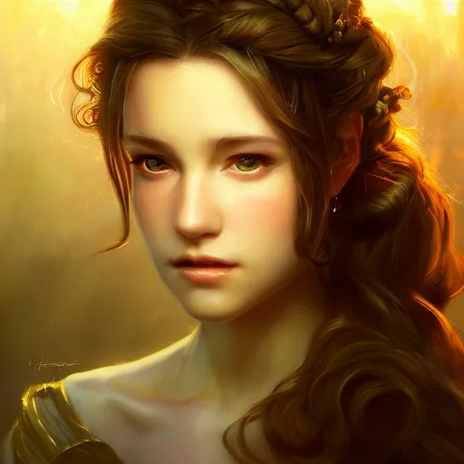 Image similar to elegant aerith gainsborough portrait, atmospheric lighting, painted, menacing, intricate, volumetric lighting, beautiful, rich deep colours masterpiece, golden hour, golden ratio, sharp focus, ultra detailed, by leesha hannigan, ross tran, thierry doizon, kai carpenter, ignacio fernandez rios