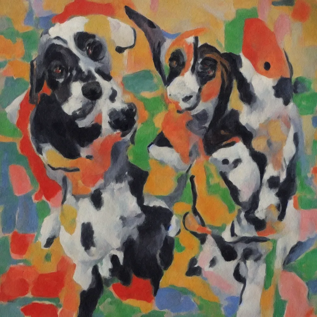 Prompt: painting of cute dog, full stature, in style of henri matisse, photorealistic