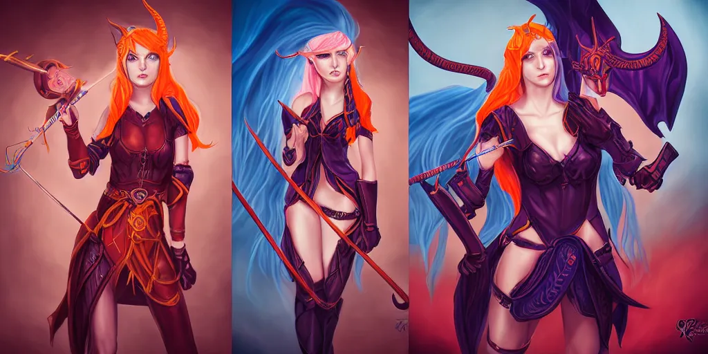 Image similar to triptych of youthful female feminine horned tiefling female bard with long bob cut blue hairstyle, her skin is orange and pale, and her eyes are pure black orbs, and she is wearing colorful leather armor by rossdraws,