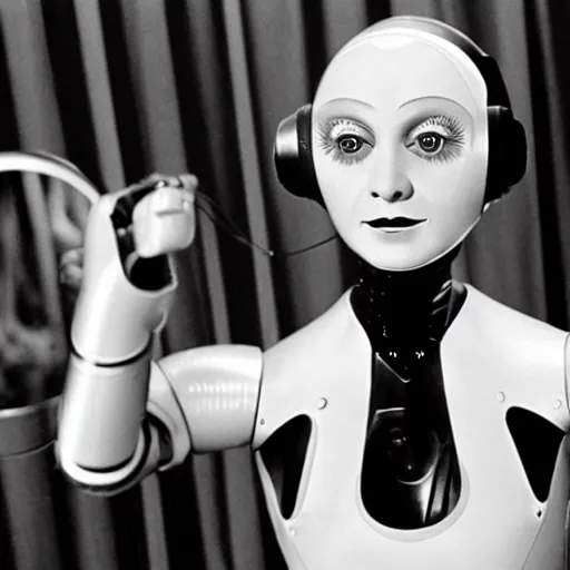 Prompt: maria the robot from the movie metropolis is putting on makeup as she looks at herself in a vanity mirror 8 k