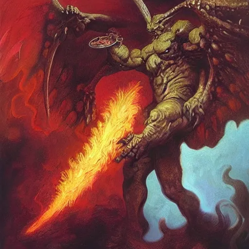 Prompt: demonic balrog with wings, wreathed in smoke, wearing sunglasses and eating ice cream cone, painting by boris vallejo, frank frazetta, and rembrandt